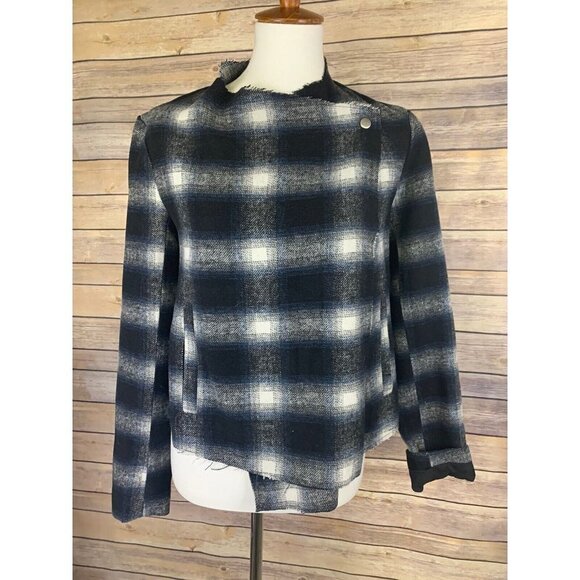 BB Dakota Small  Womens Plaid Button Closure Jacket Black Blue Raw Hems - Picture 1 of 10